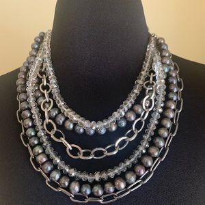 Multi chain gray pearl statement necklace